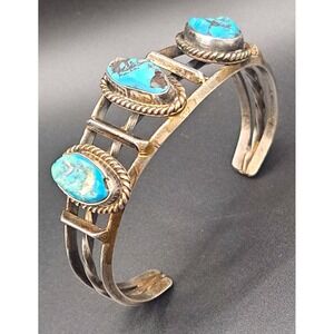 Vintage Navajo Old Pawn 3 Stone Turquoise Sterling Silver Cuff Bracelet 5"1/2